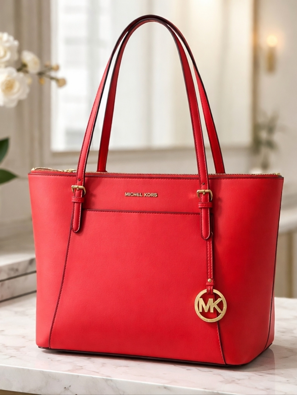 Michael Kors Red Leather Double-Handle Tote with Gold MK Charm NWOT